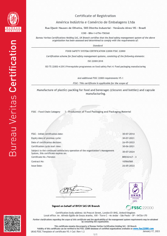 Certificado Sistema de Segurança Alimentar FSSC 22000